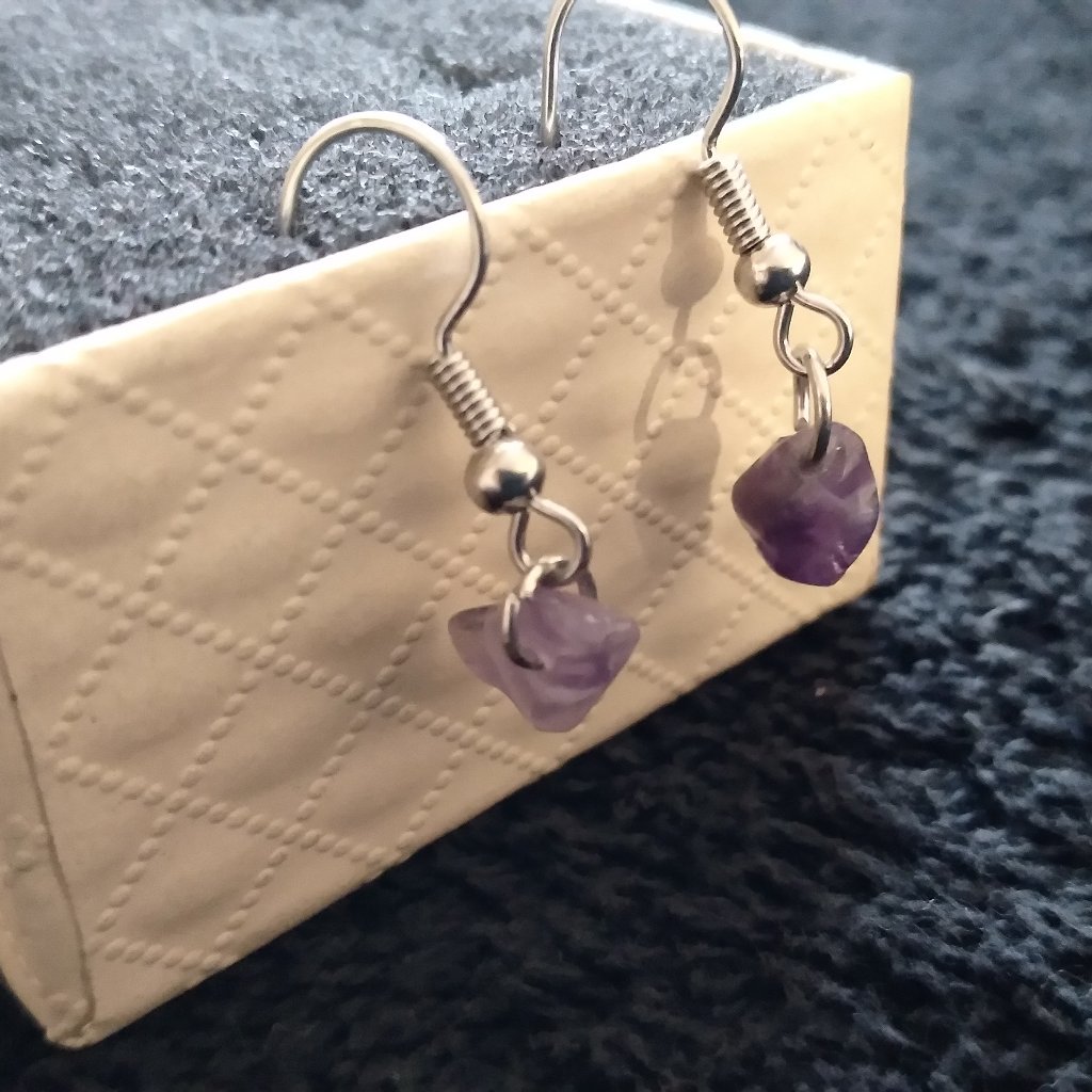 Purple Amethyst Crystal Earrings With Silver Tone Hangers